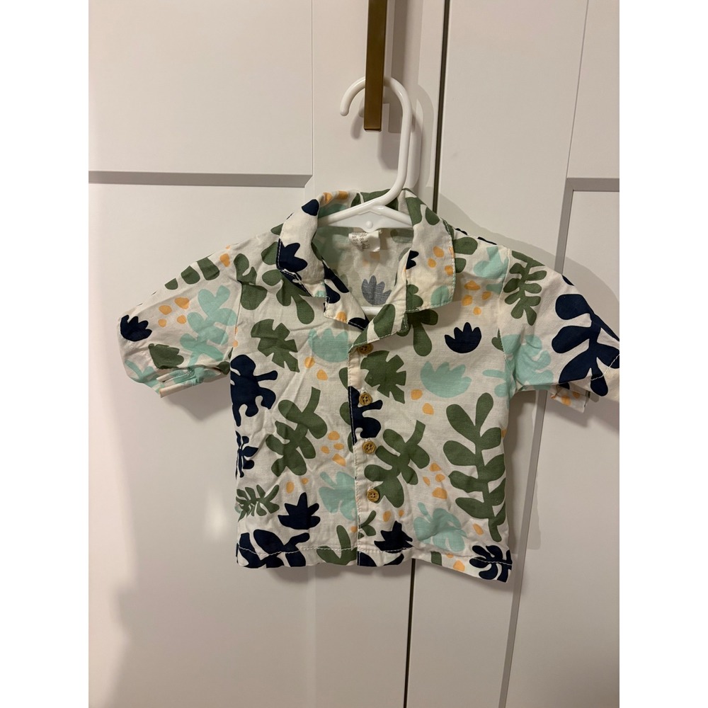 HM Baby Boys Tropical Leaf Print Button Down Shirt White Green 6M